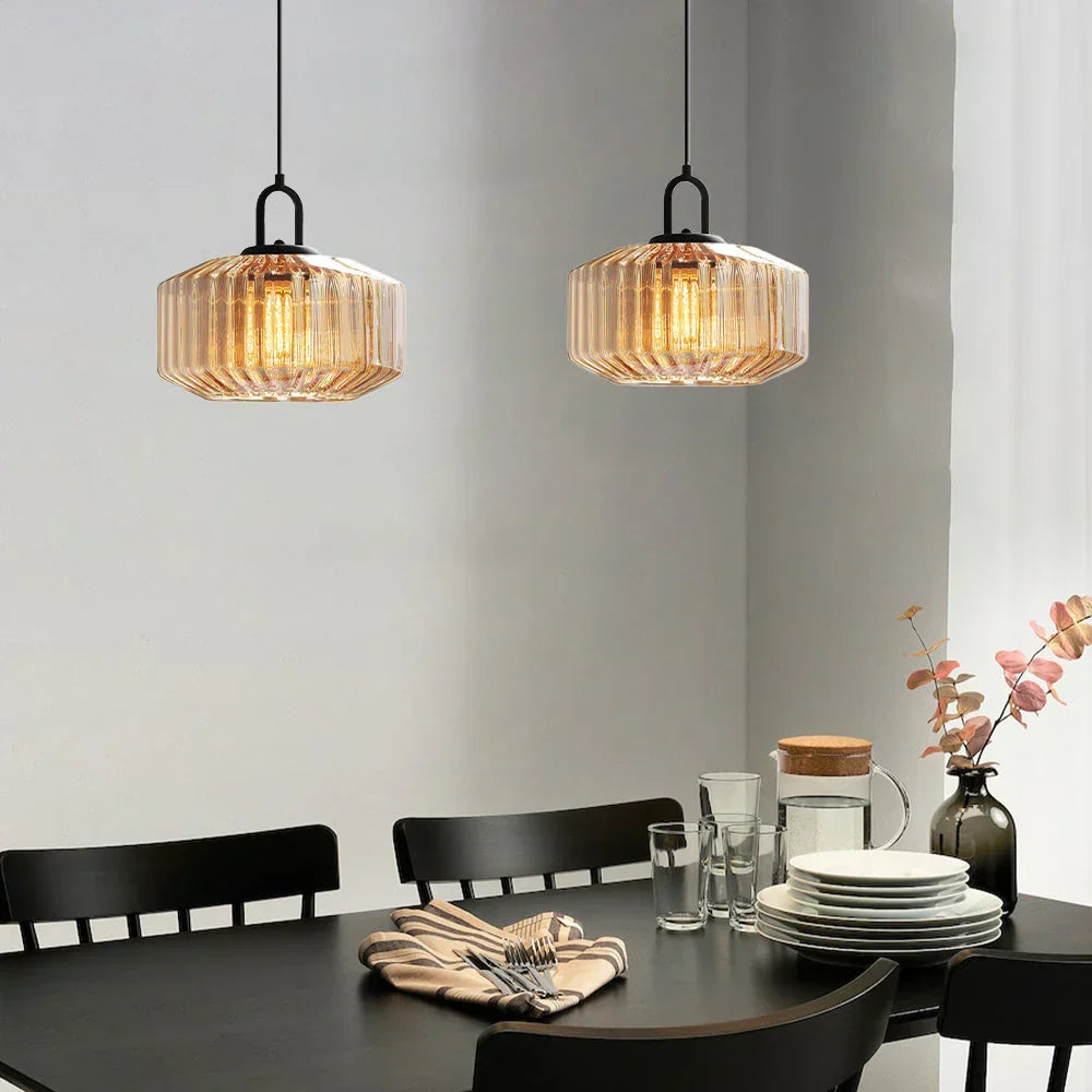 Artisan Glass Drop Light 11 in Green Striped Shade for Dining Tables Kitchen Islands Compact Overhead Fixture Ambient LED Glow