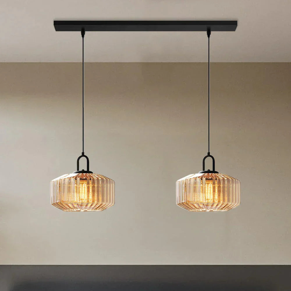 Artisan Glass Drop Light 11 in Green Striped Shade for Dining Tables Kitchen Islands Compact Overhead Fixture Ambient LED Glow