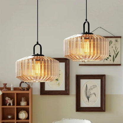 Artisan Glass Drop Light 11 in Green Striped Shade for Dining Tables Kitchen Islands Compact Overhead Fixture Ambient LED Glow