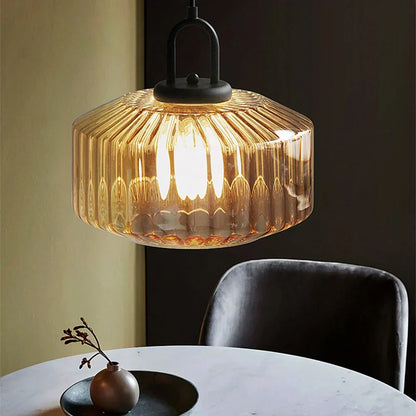 Artisan Glass Drop Light 11 in Green Striped Shade for Dining Tables Kitchen Islands Compact Overhead Fixture Ambient LED Glow