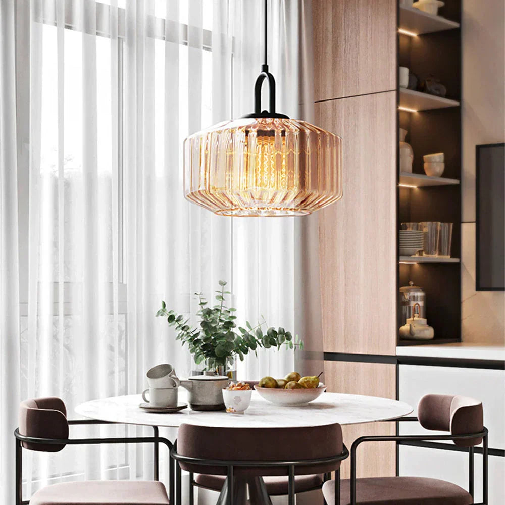Artisan Glass Drop Light 11 in Green Striped Shade for Dining Tables Kitchen Islands Compact Overhead Fixture Ambient LED Glow