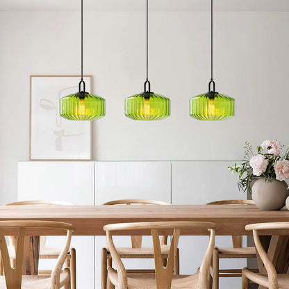 Artisan Glass Drop Light 11 in Green Striped Shade for Dining Tables Kitchen Islands Compact Overhead Fixture Ambient LED Glow