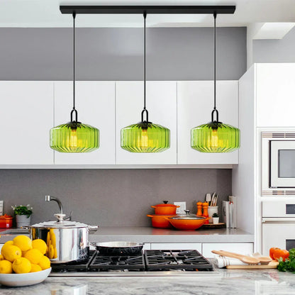 Artisan Glass Drop Light 11 in Green Striped Shade for Dining Tables Kitchen Islands Compact Overhead Fixture Ambient LED Glow