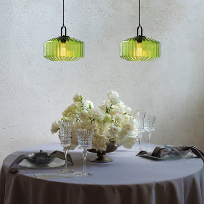 Artisan Glass Drop Light 11 in Green Striped Shade for Dining Tables Kitchen Islands Compact Overhead Fixture Ambient LED Glow