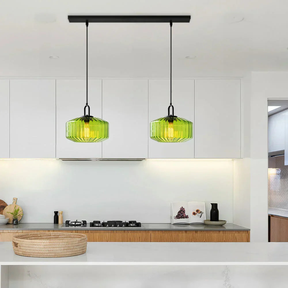 Artisan Glass Drop Light 11 in Green Striped Shade for Dining Tables Kitchen Islands Compact Overhead Fixture Ambient LED Glow