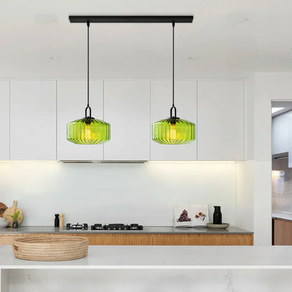 Artisan Glass Drop Light 11 in Green Striped Shade for Dining Tables Kitchen Islands Compact Overhead Fixture Ambient LED Glow