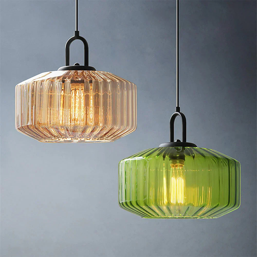 Artisan Glass Drop Light 11 in Green Striped Shade for Dining Tables Kitchen Islands Compact Overhead Fixture Ambient LED Glow