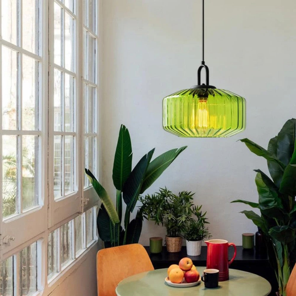 Artisan Glass Drop Light 11 in Green Striped Shade for Dining Tables Kitchen Islands Compact Overhead Fixture Ambient LED Glow