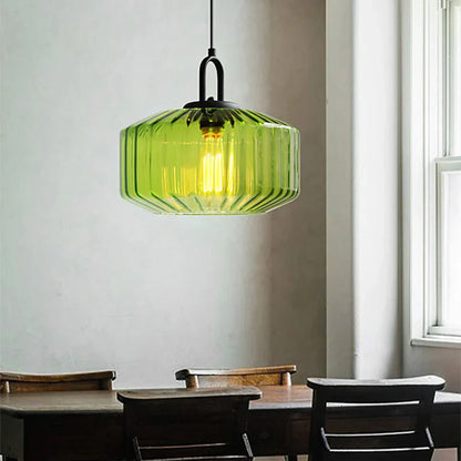 Artisan Glass Drop Light 11 in Green Striped Shade for Dining Tables Kitchen Islands Compact Overhead Fixture Ambient LED Glow