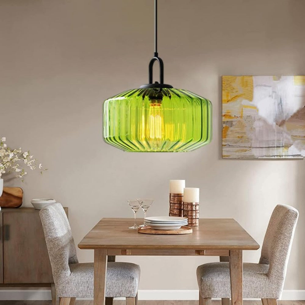 Artisan Glass Drop Light 11 in Green Striped Shade for Dining Tables Kitchen Islands Compact Overhead Fixture Ambient LED Glow