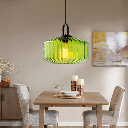 Artisan Glass Drop Light 11 in Green Striped Shade for Dining Tables Kitchen Islands Compact Overhead Fixture Ambient LED Glow