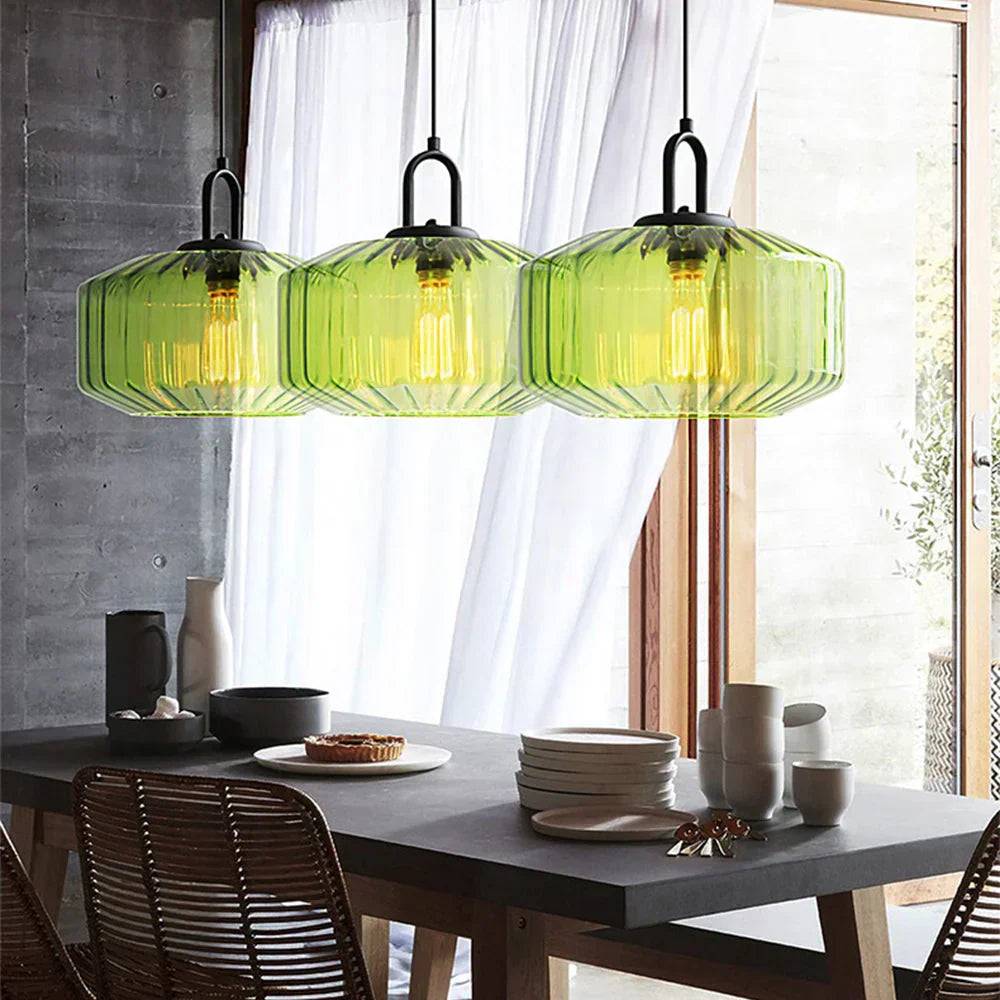 Artisan Glass Drop Light 11 in Green Striped Shade for Dining Tables Kitchen Islands Compact Overhead Fixture Ambient LED Glow