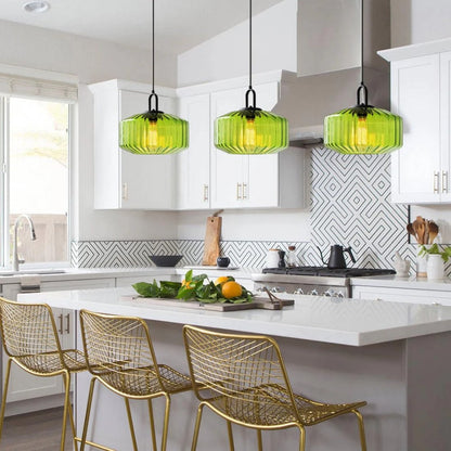 Artisan Glass Drop Light 11 in Green Striped Shade for Dining Tables Kitchen Islands Compact Overhead Fixture Ambient LED Glow