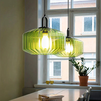 Artisan Glass Drop Light 11 in Green Striped Shade for Dining Tables Kitchen Islands Compact Overhead Fixture Ambient LED Glow