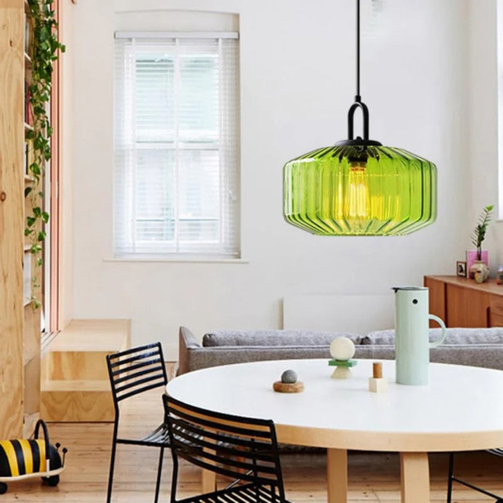 Artisan Glass Drop Light 11 in Green Striped Shade for Dining Tables Kitchen Islands Compact Overhead Fixture Ambient LED Glow