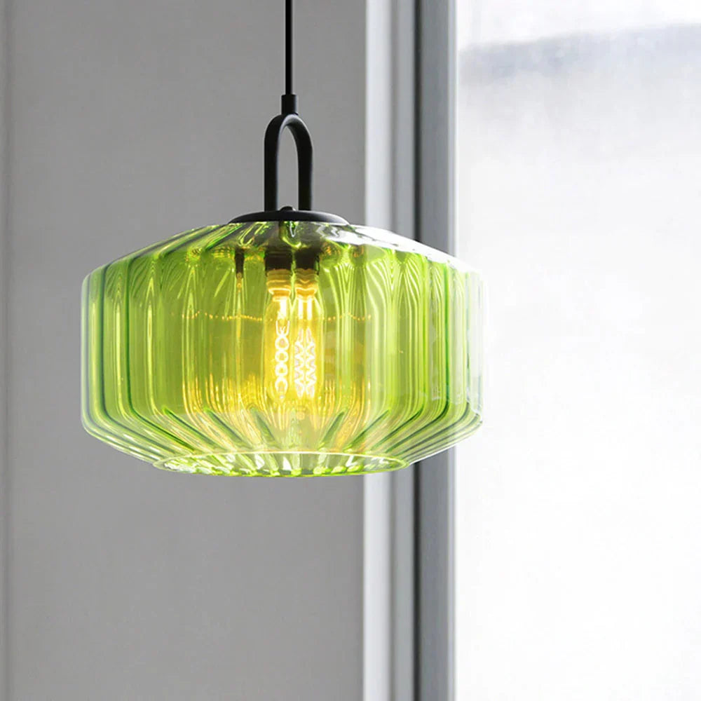 Artisan Glass Drop Light 11 in Green Striped Shade for Dining Tables Kitchen Islands Compact Overhead Fixture Ambient LED Glow
