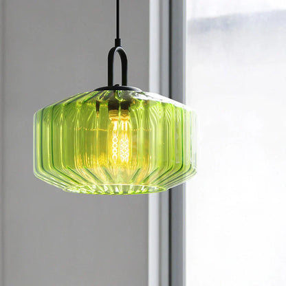 Artisan Glass Drop Light 11 in Green Striped Shade for Dining Tables Kitchen Islands Compact Overhead Fixture Ambient LED Glow