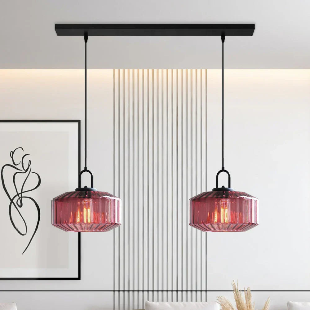 Artisan Glass Drop Light 11 in Green Striped Shade for Dining Tables Kitchen Islands Compact Overhead Fixture Ambient LED Glow
