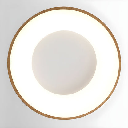 LED Flush Mount Fixture with Wood-Effect Trim 16-Inch White for Bedroom Kitchen Hallway Low Profile Integrated Ceiling Light