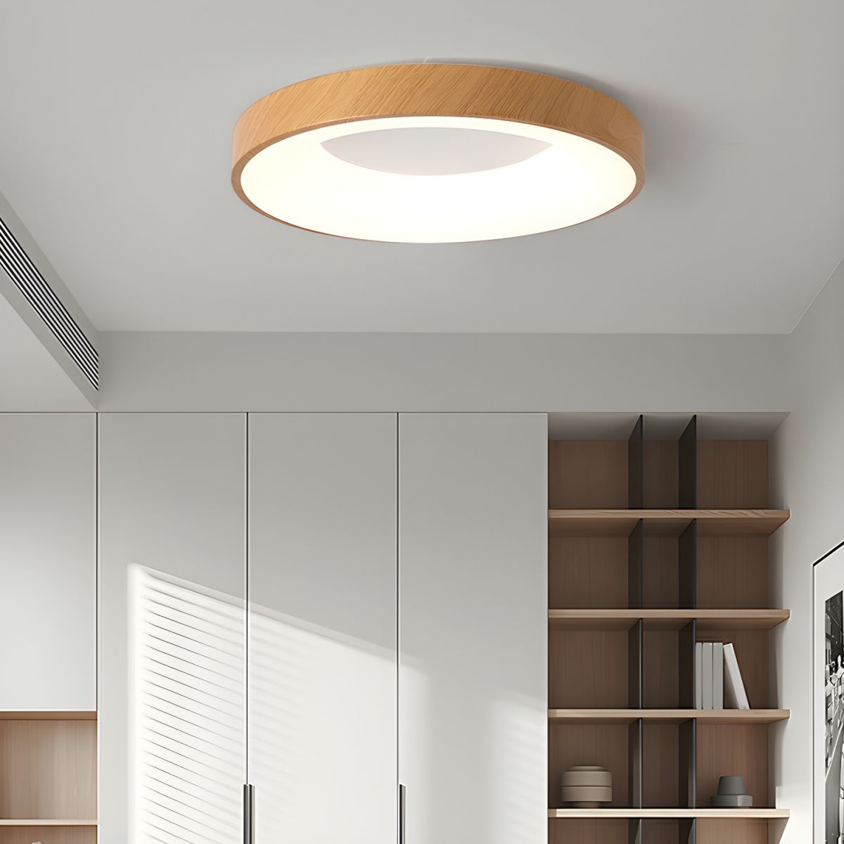 LED Flush Mount Fixture with Wood-Effect Trim 16-Inch White for Bedroom Kitchen Hallway Low Profile Integrated Ceiling Light