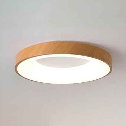 LED Flush Mount Fixture with Wood-Effect Trim 16-Inch White for Bedroom Kitchen Hallway Low Profile Integrated Ceiling Light