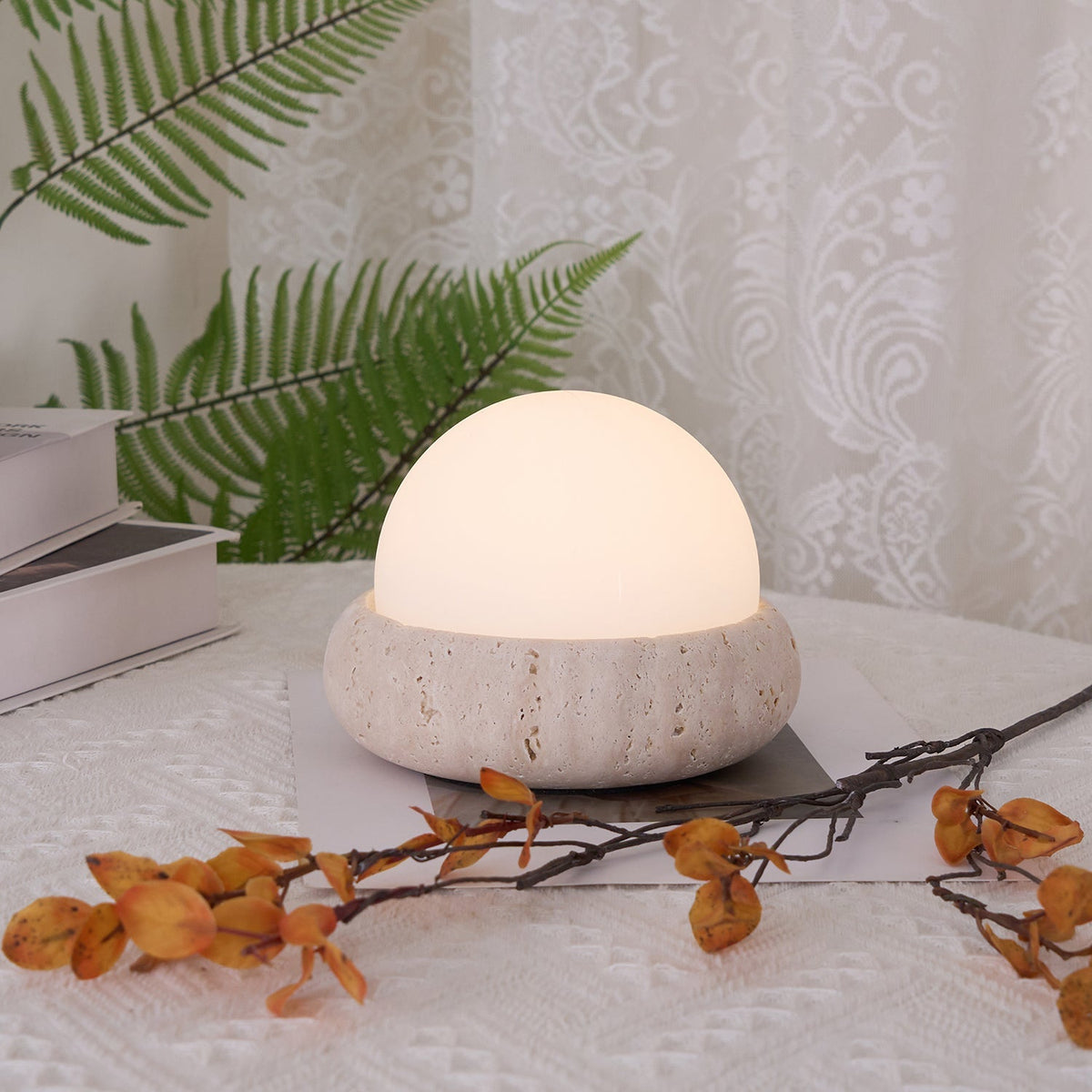 Rechargeable LED Accent Lamp Natural Stone Base Frosted Shade Wireless Remote Three Color Settings Bedroom Nightstand Desk Living Room Cordl