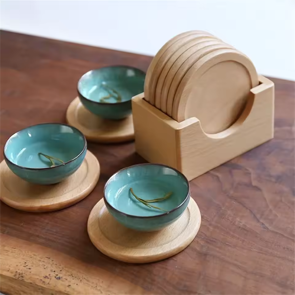 Minimalist Japanese Coaster Set – 6 Walnut and Beech Coasters with Holder for Home Decor