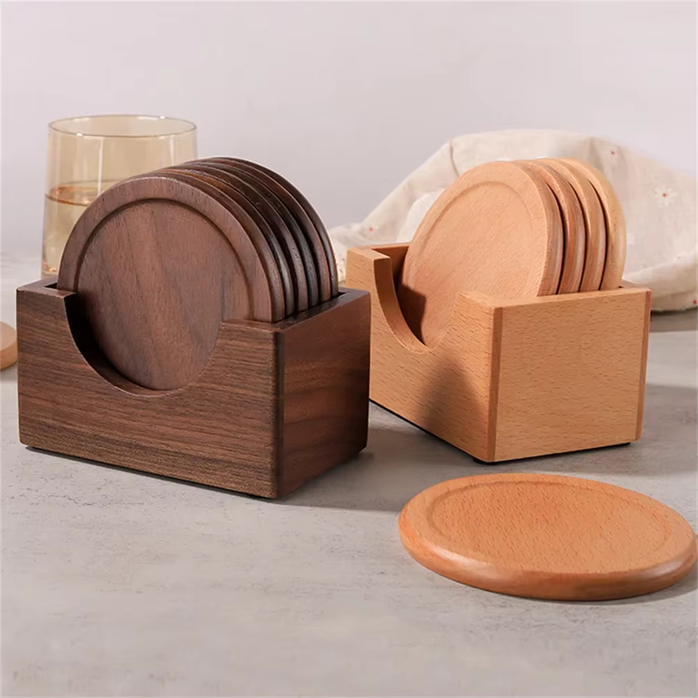 Minimalist Japanese Coaster Set – 6 Walnut and Beech Coasters with Holder for Home Decor