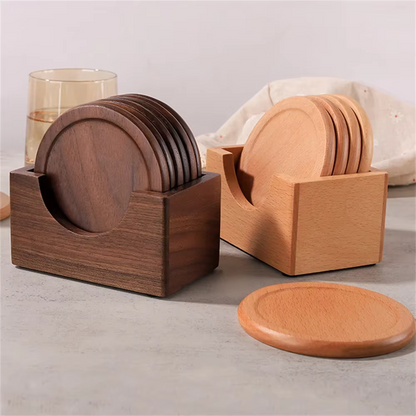 Minimalist Japanese Coaster Set – 6 Walnut and Beech Coasters with Holder for Home Decor