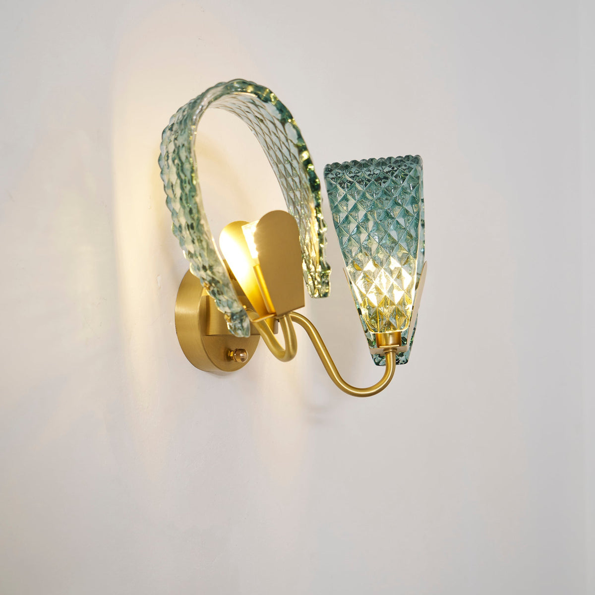 Vintage Brass and Blue Glass Wall Sconce for Bedroom Hallway Living Room – Elegant Decorative 2-Light or 3-Light Fixture with Diamond Textur