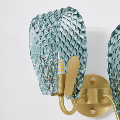 Vintage Brass and Blue Glass Wall Sconce for Bedroom Hallway Living Room – Elegant Decorative 2-Light or 3-Light Fixture with Diamond Textur