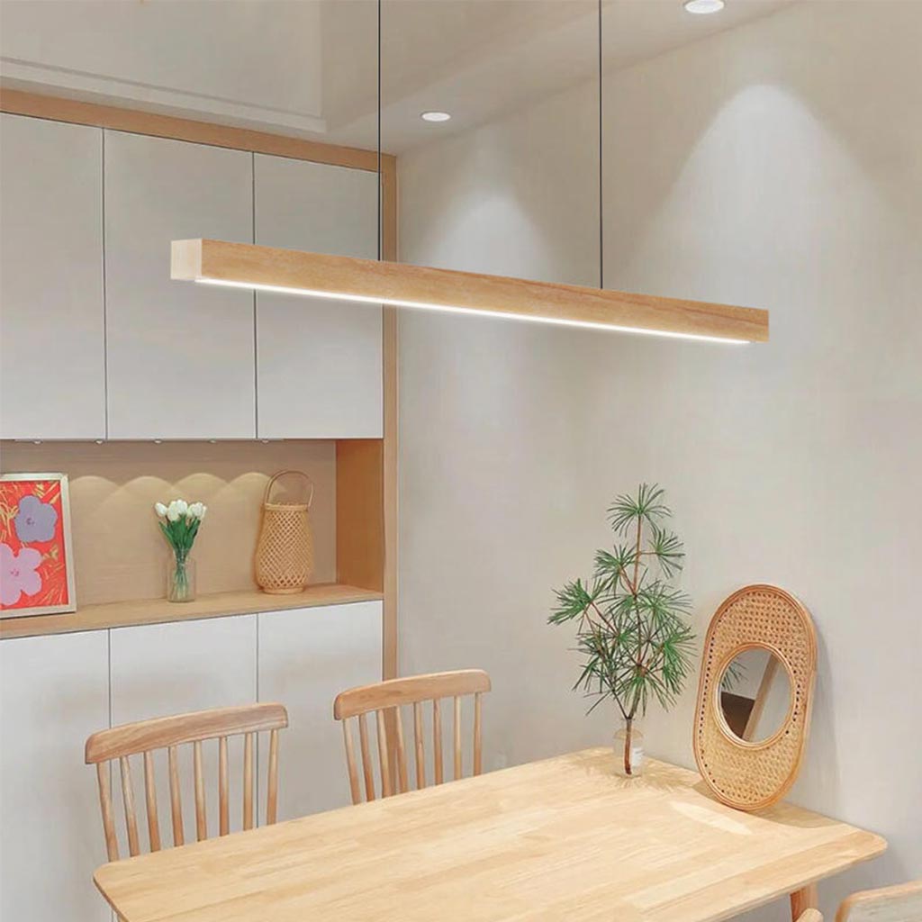 Linear Wood Ceiling Light for Island & Desk | Adjustable LED Bar Fixture in Natural or Walnut Finish | Minimalist Overhead Task Lighting for