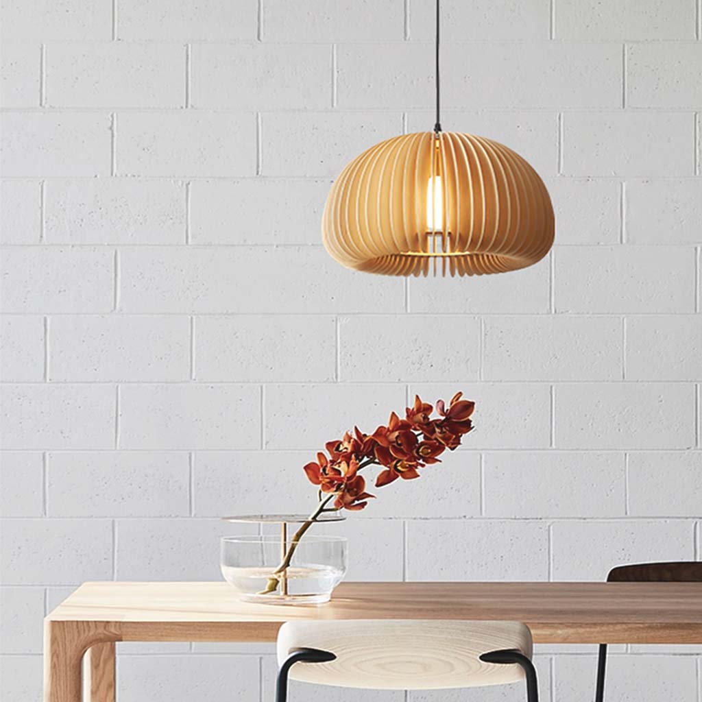 Wooden Ceiling Lamp Natural Finish 14 Inch Hanging Light for Dining Tables Kitchen Islands Living Areas Adjustable Color Temperature E26 Bas