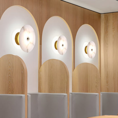 Round Alabaster Sconce LED Warm Glow Indoor Natural Stone Circle Fixture Iron Frame Bedroom Hallway Living Room Ambient Lighting 12.6 Inch