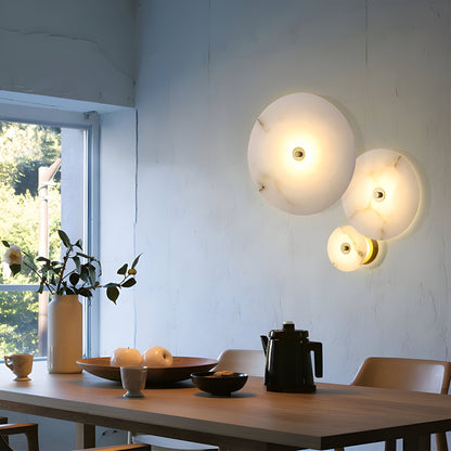 Round Alabaster Sconce LED Warm Glow Indoor Natural Stone Circle Fixture Iron Frame Bedroom Hallway Living Room Ambient Lighting 12.6 Inch