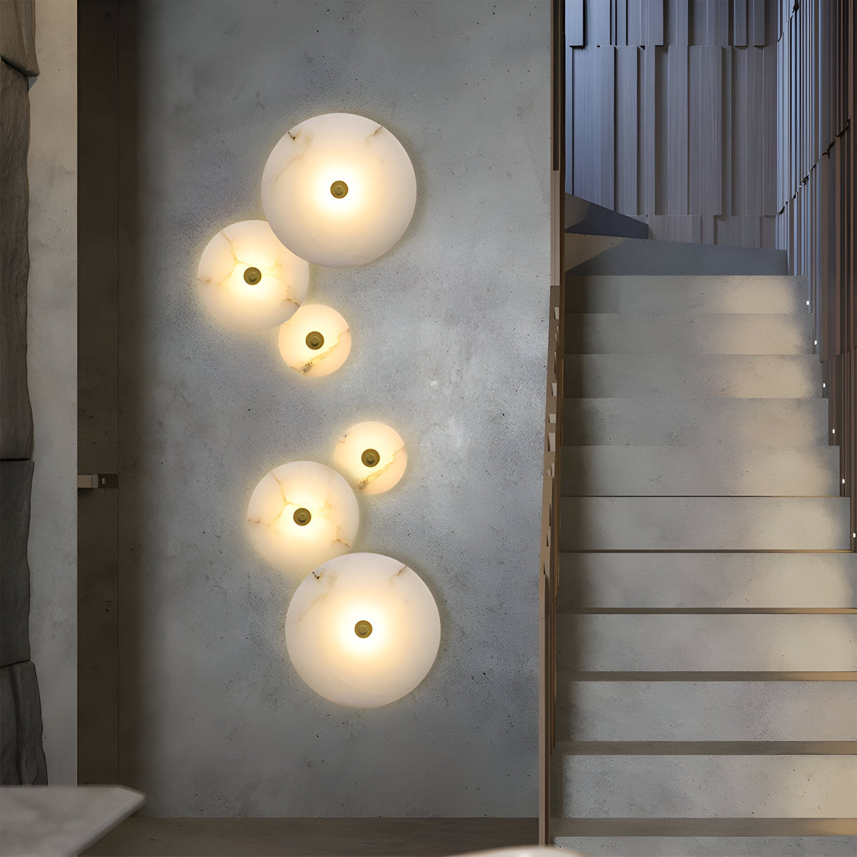 Round Alabaster Sconce LED Warm Glow Indoor Natural Stone Circle Fixture Iron Frame Bedroom Hallway Living Room Ambient Lighting 12.6 Inch