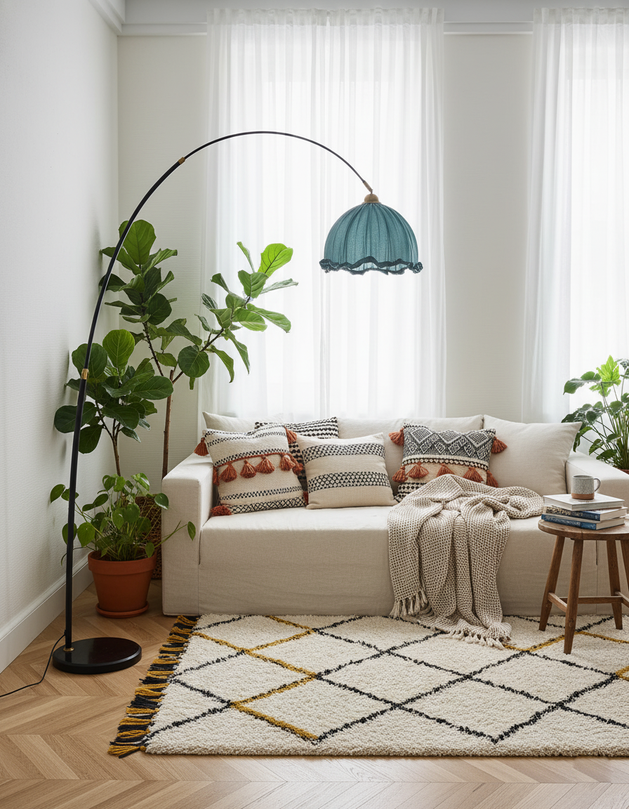 Lámpara de pie de arco moderna con pantalla de tela y base de metal negro | Iluminación elegante para sala de estar