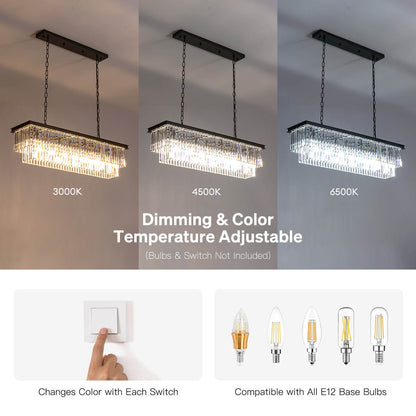 Rectangular Black Metal Crystal Chandelier with E12 Candelabra Sockets for Dining Room and Kitchen Island Lighting