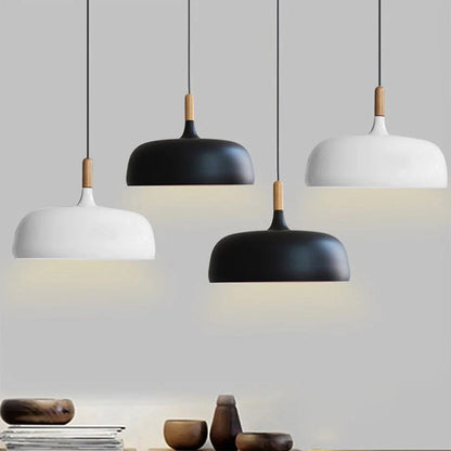 Hanging Ceiling Fixture Metal Wood 12.6 Inch Black Island Dining Kitchen Minimalist Modern Japandi Style Overhead Drop Lamp E27 Socket