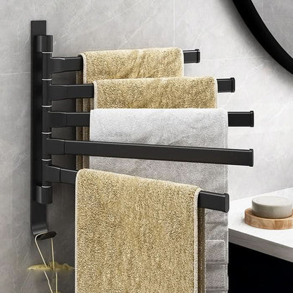 Toallero moderno con 5 brazos giratorios: soporte de metal negro mate para organizar el baño con estilo