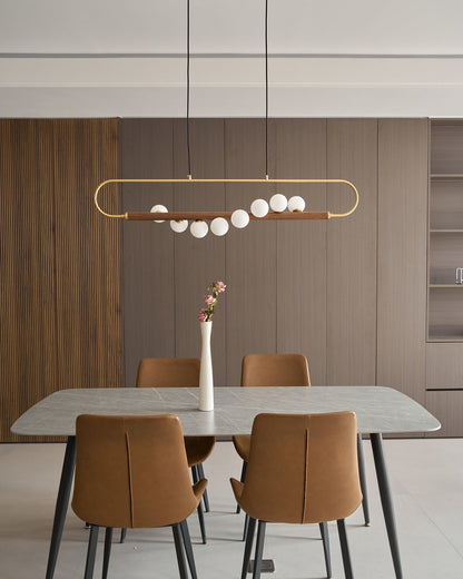 Linear Pendant Light Fixture 35.4 Inch with Frosted Glass Globes for Dining Table Kitchen Island Brass Wood Finish Adjustable Height 5-Bulb