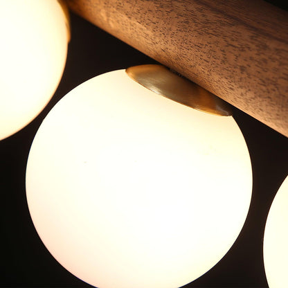 Linear Pendant Light Fixture 35.4 Inch with Frosted Glass Globes for Dining Table Kitchen Island Brass Wood Finish Adjustable Height 5-Bulb