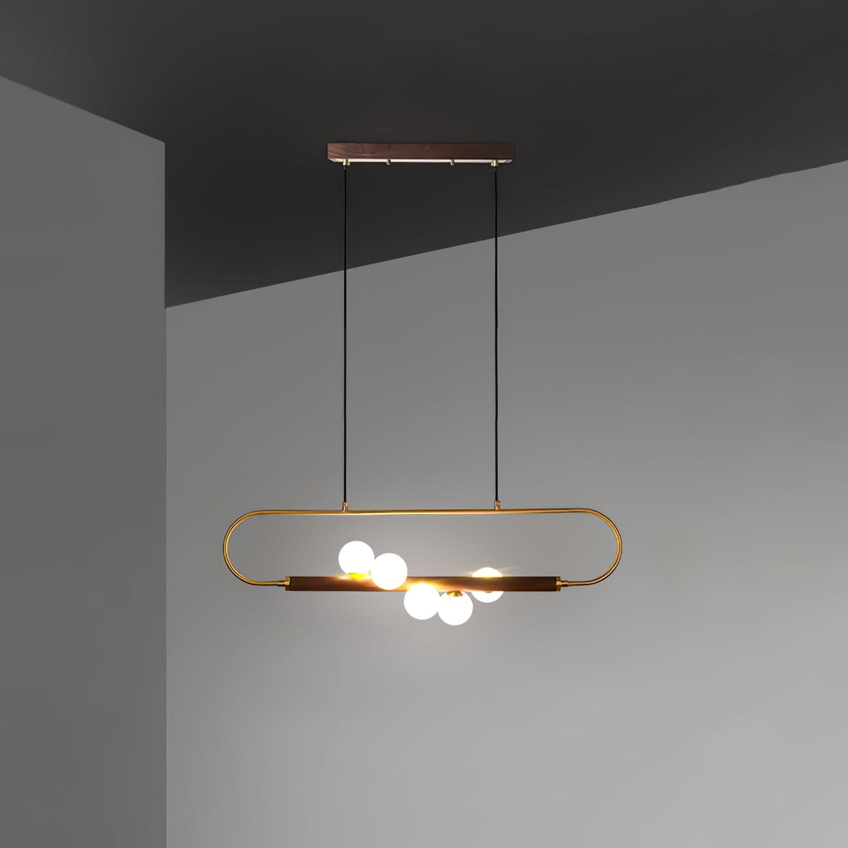 Linear Pendant Light Fixture 35.4 Inch with Frosted Glass Globes for Dining Table Kitchen Island Brass Wood Finish Adjustable Height 5-Bulb