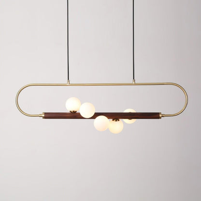 Linear Pendant Light Fixture 35.4 Inch with Frosted Glass Globes for Dining Table Kitchen Island Brass Wood Finish Adjustable Height 5-Bulb