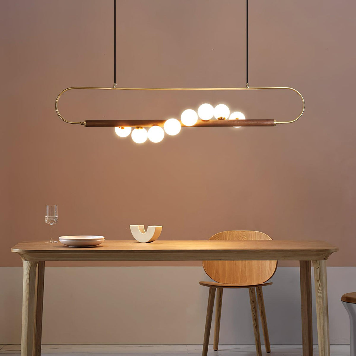 Linear Pendant Light Fixture 35.4 Inch with Frosted Glass Globes for Dining Table Kitchen Island Brass Wood Finish Adjustable Height 5-Bulb
