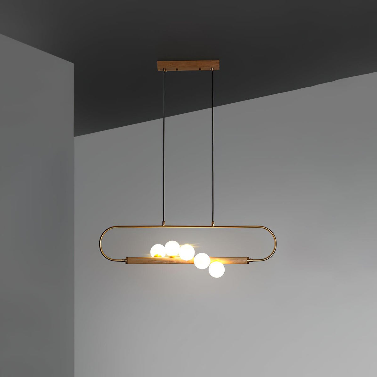 Linear Pendant Light Fixture 35.4 Inch with Frosted Glass Globes for Dining Table Kitchen Island Brass Wood Finish Adjustable Height 5-Bulb