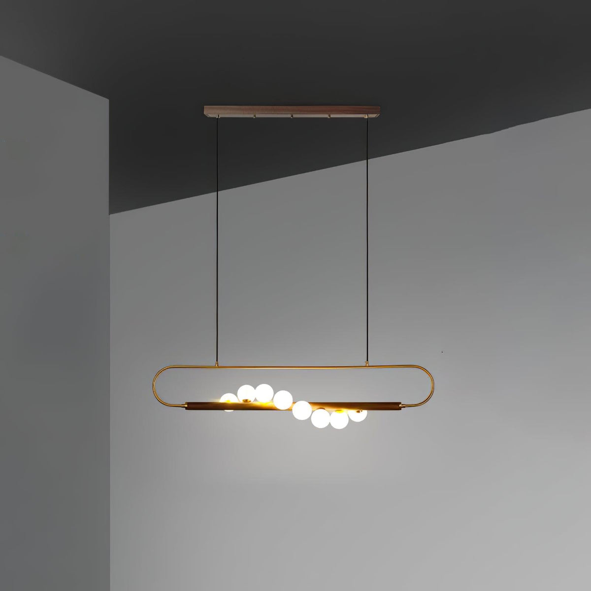 Linear Pendant Light Fixture 35.4 Inch with Frosted Glass Globes for Dining Table Kitchen Island Brass Wood Finish Adjustable Height 5-Bulb