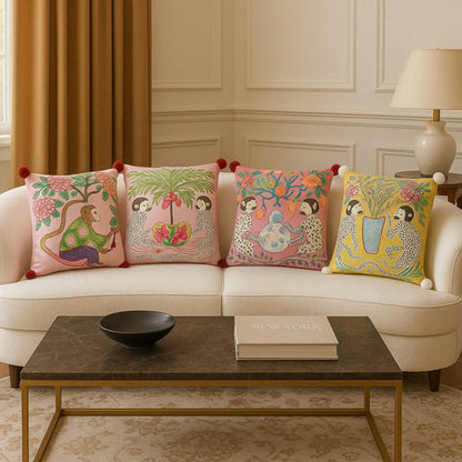 Mira Garden Cushion Cover - Reversible Microfiber with Pompom Detail
