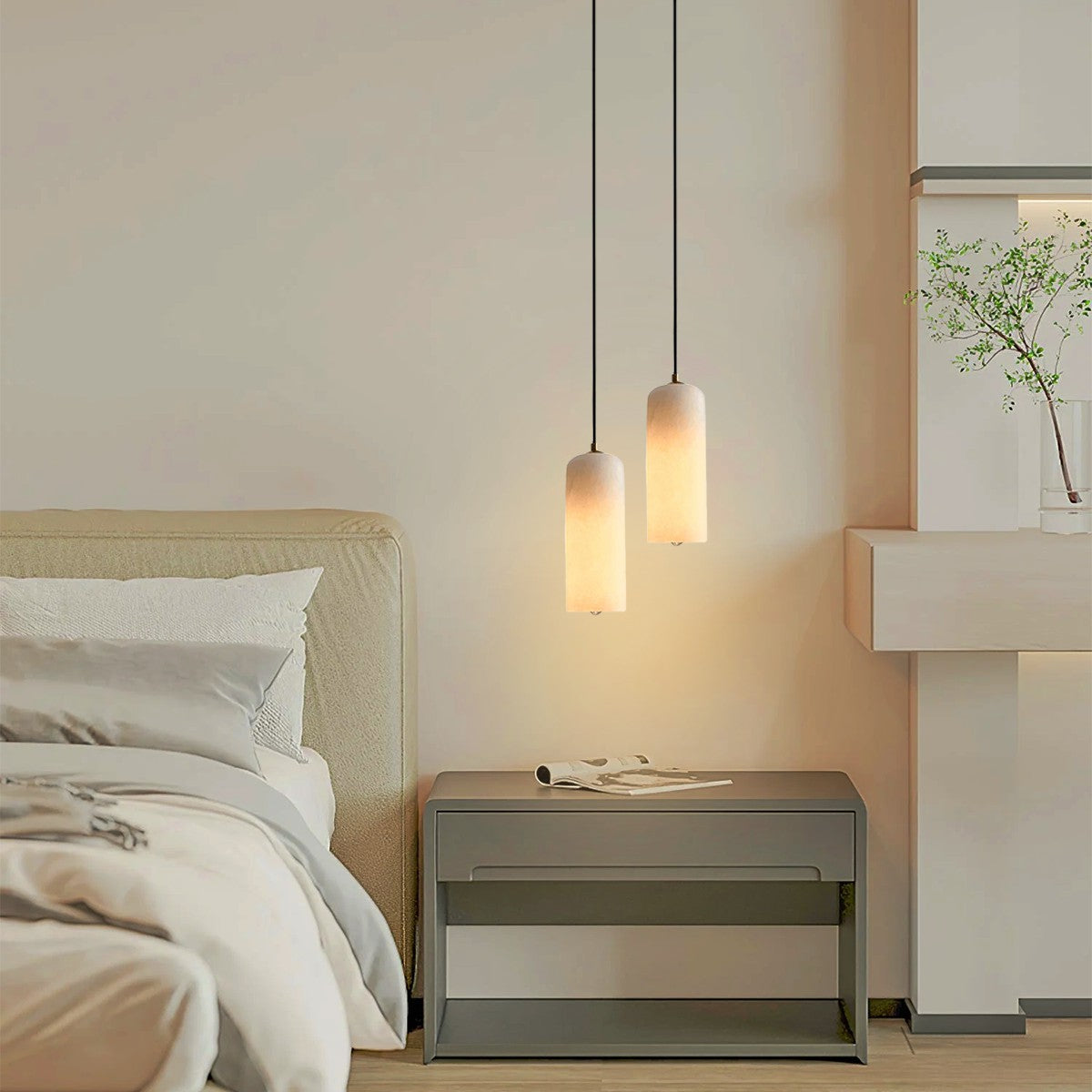 Alabaster Stone Hanging Lamp 10 in Tall White Shade Brass Accent Minimal Pendant for Islands Dining Tables Bedrooms Entryways