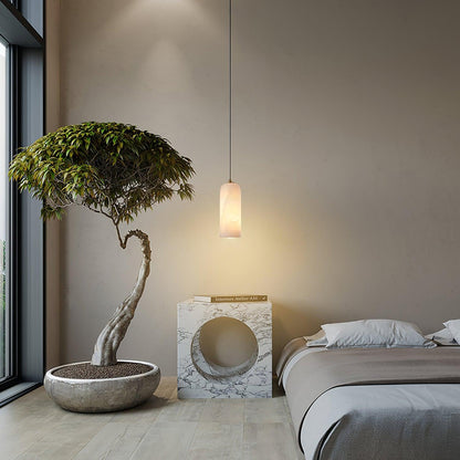 Alabaster Stone Hanging Lamp 10 in Tall White Shade Brass Accent Minimal Pendant for Islands Dining Tables Bedrooms Entryways